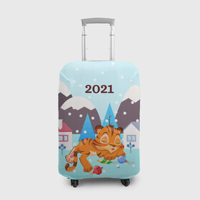 Чехол для чемодана 3D с принтом Спящий тигренок в ожидании нового года в Курске, 86% полиэфир, 14% спандекс | двустороннее нанесение принта, прорези для ручек и колес | 2022 | год тигра | новый год | новый год 2022 | символ года | тигр | тигренок | тигрица | тигры