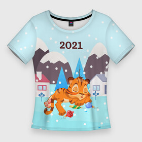 Женская футболка 3D Slim с принтом Спящий тигренок в ожидании нового года в Курске,  |  | 2022 | год тигра | новый год | новый год 2022 | символ года | тигр | тигренок | тигрица | тигры