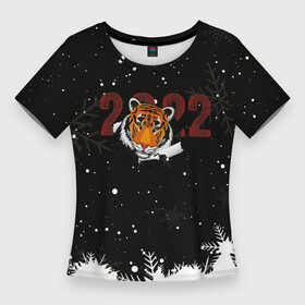 Женская футболка 3D Slim с принтом Тигр 2022 Black в Курске,  |  | 2022 | год тигра | новый год | новый год 2022 | символ года | тигр | тигренок | тигрица | тигры