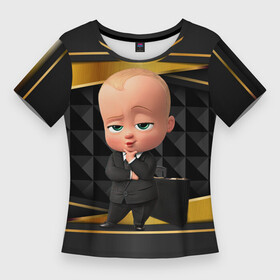 Женская футболка 3D Slim с принтом BOSS gold  black в Курске,  |  | baby | boss | boss baby | босс | босс молокосос | маленький босс | малыш | мальчик | молокосос | ребенок