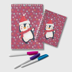 Блокнот с принтом Пингвин в звездах в Курске, 100% бумага | 48 листов, плотность листов — 60 г/м2, плотность картонной обложки — 250 г/м2. Листы скреплены удобной пружинной спиралью. Цвет линий — светло-серый
 | звезды | новый год | паттерн | пингвин | праздник