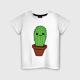 Детская футболка хлопок с принтом Кактус в горшке в Курске, 100% хлопок | круглый вырез горловины, полуприлегающий силуэт, длина до линии бедер | кактус | милый | мультяшный | простой | растение | с глазами | с лицом | улыбающийся | яркий