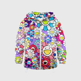 Детская ветровка 3D с принтом Цветы Takashi Murakami в Курске, 100% полиэстер | подол и капюшон оформлены резинкой с фиксаторами, по бокам два кармана без застежек, один потайной карман на груди | Тематика изображения на принте: flowers | pop art | superflat | takashi murakami | арт | глаза | дизайн | исскуство | разноцветные цветы | супефлэт | такаси мураками | такаши мураками | художник | цветы