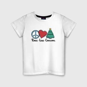 Детская футболка хлопок с принтом Peace Love and Christmas в Курске, 100% хлопок | круглый вырез горловины, полуприлегающий силуэт, длина до линии бедер | art | christmas | drawing | heart | love | new year | peace | tree | арт | елка | любовь | мир | новый год | рисунок | рождество | сердце
