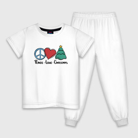 Детская пижама хлопок с принтом Peace Love and Christmas в Курске, 100% хлопок |  брюки и футболка прямого кроя, без карманов, на брюках мягкая резинка на поясе и по низу штанин
 | art | christmas | drawing | heart | love | new year | peace | tree | арт | елка | любовь | мир | новый год | рисунок | рождество | сердце