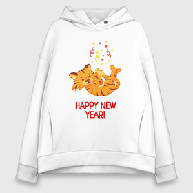 Женское худи Oversize хлопок с принтом Happy New Year Тигренок 2022 в Курске, френч-терри — 70% хлопок, 30% полиэстер. Мягкий теплый начес внутри —100% хлопок | боковые карманы, эластичные манжеты и нижняя кромка, капюшон на магнитной кнопке | 2022 | год тигра | новый год | новый год 2022 | символ года | тигр | тигренок | тигрица | тигры