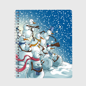 Тетрадь с принтом Боевые снеговики атака в Курске, 100% бумага | 48 листов, плотность листов — 60 г/м2, плотность картонной обложки — 250 г/м2. Листы скреплены сбоку удобной пружинной спиралью. Уголки страниц и обложки скругленные. Цвет линий — светло-серый
 | Тематика изображения на принте: aggressive | angry | attack | christmas | fighting snowmen | new year | snow | snow woman | snowfall | throw snowballs | winter | агрессивные | атака | боевые снеговики | бросают снежки | зима | злые | новый год | рождество | снег | снегопад | снежная баб