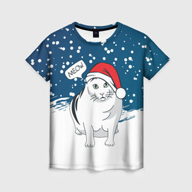 Женская футболка 3D с принтом НОВОГОДНИЙ КОТ БЕНДЕР (МЕМ) в Курске, 100% полиэфир ( синтетическое хлопкоподобное полотно) | прямой крой, круглый вырез горловины, длина до линии бедер | 2022 | 22 | bender | cat | christmas | meme | memes | meow | merry | new | snow | winter | year | бендер | год | зима | кот | кошка | мем | мемы | мяй | новый | рождество | снег | толстый