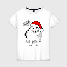 Женская футболка хлопок с принтом НОВОГОДНИЙ КОТ БЕНДЕР МЕМ в Курске, 100% хлопок | прямой крой, круглый вырез горловины, длина до линии бедер, слегка спущенное плечо | 2022 | 22 | bender | cat | christmas | meme | memes | meow | merry | new | snow | winter | year | бендер | год | зима | кот | кошка | мем | мемы | мяй | новый | рождество | снег | толстый