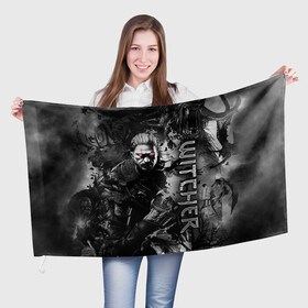 Флаг 3D с принтом Witcher (Ведьмак) в Курске, 100% полиэстер | плотность ткани — 95 г/м2, размер — 67 х 109 см. Принт наносится с одной стороны | wild hunt | witcher | ведьмак | геральт из ривии | игры | компьютерные игры