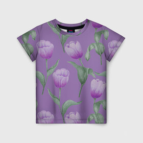 Детская футболка 3D с принтом Фиолетовые тюльпаны с зелеными листьями в Курске, 100% гипоаллергенный полиэфир | прямой крой, круглый вырез горловины, длина до линии бедер, чуть спущенное плечо, ткань немного тянется | 8 марта | flowers | leaves | nature | tulips | ботаническая иллюстрация | день рождения | зеленый | листья | природа | растения | тюльпаны | фиолетовый | цветы
