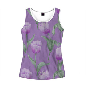 Женская майка 3D с принтом Фиолетовые тюльпаны с зелеными листьями в Курске, 100% полиэстер | круглая горловина, прямой силуэт, длина до линии бедра | 8 марта | flowers | leaves | nature | tulips | ботаническая иллюстрация | день рождения | зеленый | листья | природа | растения | тюльпаны | фиолетовый | цветы