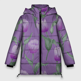 Женская зимняя куртка Oversize с принтом Фиолетовые тюльпаны с зелеными листьями в Курске, верх — 100% полиэстер; подкладка — 100% полиэстер; утеплитель — 100% полиэстер | длина ниже бедра, силуэт Оверсайз. Есть воротник-стойка, отстегивающийся капюшон и ветрозащитная планка. 

Боковые карманы с листочкой на кнопках и внутренний карман на молнии | 8 марта | flowers | leaves | nature | tulips | ботаническая иллюстрация | день рождения | зеленый | листья | природа | растения | тюльпаны | фиолетовый | цветы