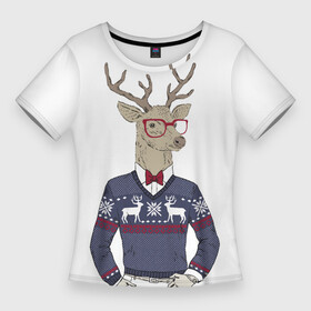 Женская футболка 3D Slim с принтом Олень в свитере 2022 в Курске,  |  | год | декабрь | зима | новый | одень | праздник | узор