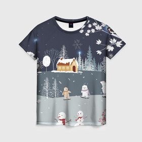 Женская футболка 3D с принтом Снеговики и Мишки 2022 в Курске, 100% полиэфир ( синтетическое хлопкоподобное полотно) | прямой крой, круглый вырез горловины, длина до линии бедер | 2022 | год | дед | дети | зима | коньки | мишки | мороз | новый | праздники | радость | рождество | санки | санта | снег | снеговик | счастливого