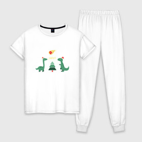 Женская пижама хлопок с принтом динозаврики и елка в Курске, 100% хлопок | брюки и футболка прямого кроя, без карманов, на брюках мягкая резинка на поясе и по низу штанин | дед мороз | динозавр | ёлка | зима | игрушки | новый год | снегурка