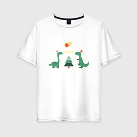 Женская футболка хлопок Oversize с принтом динозаврики и елка в Курске, 100% хлопок | свободный крой, круглый ворот, спущенный рукав, длина до линии бедер
 | Тематика изображения на принте: дед мороз | динозавр | ёлка | зима | игрушки | новый год | снегурка