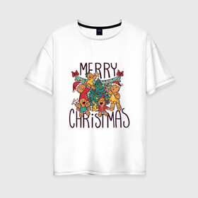 Женская футболка хлопок Oversize с принтом Merry Christmas в Курске, 100% хлопок | свободный крой, круглый ворот, спущенный рукав, длина до линии бедер
 | art | christmas | cookies | drawing | herringbone | holiday | merry christmas | new year | star | toys | tree | арт | елка | елочка | звезда | игрушки | новый год | печенье | праздник | рисунок | рождество