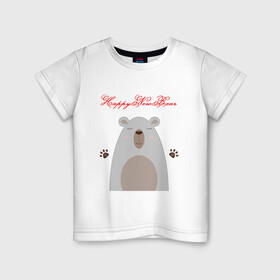 Детская футболка хлопок с принтом Happy New Bear в Курске, 100% хлопок | круглый вырез горловины, полуприлегающий силуэт, длина до линии бедер | Тематика изображения на принте: дикая природы | животное | животные | звери | зверь | медведь | медвежонок | мишка | новогодний | новый год | рождественский | рождество | с новым годом