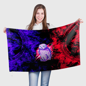 Флаг 3D с принтом Токийский гуль Сова в Курске, 100% полиэстер | плотность ткани — 95 г/м2, размер — 67 х 109 см. Принт наносится с одной стороны | аниме | арт | клюв | краски | неон | огонь | перья | портал | сова