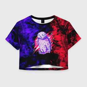 Женская футболка Crop-top 3D с принтом Токийский гуль Сова в Курске, 100% полиэстер | круглая горловина, длина футболки до линии талии, рукава с отворотами | аниме | арт | клюв | краски | неон | огонь | перья | портал | сова