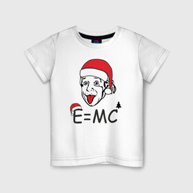 Детская футболка хлопок с принтом Новогодний Эйнштейн в Курске, 100% хлопок | круглый вырез горловины, полуприлегающий силуэт, длина до линии бедер | альберт эйнштейн | елка | ель | новогодний колпак | новогодний эйнштейн | новый год | прикол | рождество | формула | формула относительности | язык