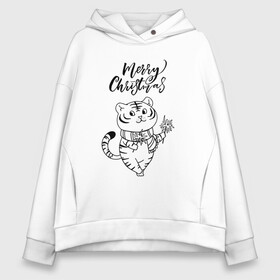 Женское худи Oversize хлопок с принтом Merry Christmas Тигр с Огоньками. в Курске, френч-терри — 70% хлопок, 30% полиэстер. Мягкий теплый начес внутри —100% хлопок | боковые карманы, эластичные манжеты и нижняя кромка, капюшон на магнитной кнопке | 2022 | happy new year | merry christmas | год тигра | зима близко | нг | новогодний | новогодний тигр | новый год | новый год 2022 | праздник | рождество | символ 2022 года | тигр