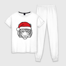 Женская пижама хлопок с принтом Тигр в новогодней шапке. в Курске, 100% хлопок | брюки и футболка прямого кроя, без карманов, на брюках мягкая резинка на поясе и по низу штанин | 2022 | happy new year | merry christmas | год тигра | зима близко | нг | новогодний | новогодний тигр | новый год | новый год 2022 | праздник | рождество | символ 2022 года | тигр
