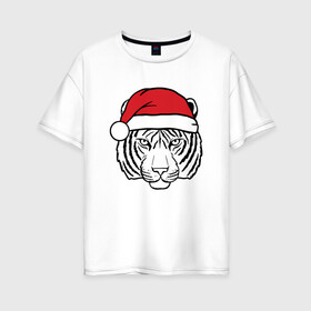 Женская футболка хлопок Oversize с принтом Тигр в новогодней шапке. в Курске, 100% хлопок | свободный крой, круглый ворот, спущенный рукав, длина до линии бедер
 | 2022 | happy new year | merry christmas | год тигра | зима близко | нг | новогодний | новогодний тигр | новый год | новый год 2022 | праздник | рождество | символ 2022 года | тигр