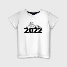 Детская футболка хлопок с принтом Новогодний Тигр лежит на цифре 2022. в Курске, 100% хлопок | круглый вырез горловины, полуприлегающий силуэт, длина до линии бедер | 2022 | happy new year | merry christmas | год тигра | зима близко | нг | новогодний | новогодний тигр | новый год | новый год 2022 | рождество | символ 2022 года | тигр