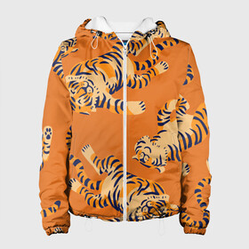 Женская куртка 3D с принтом Тигр паттерн в Курске, ткань верха — 100% полиэстер, подклад — флис | прямой крой, подол и капюшон оформлены резинкой с фиксаторами, два кармана без застежек по бокам, один большой потайной карман на груди. Карман на груди застегивается на липучку | 2022 | год тигра | китайский календарь | надписи | новый год | тигр