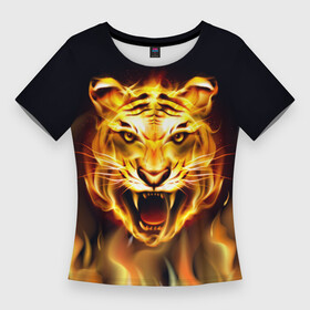 Женская футболка 3D Slim с принтом Тигр В Пламени в Курске,  |  | зверь | огненный тигр | огонь | пламя | рисунок | тигр | хищник