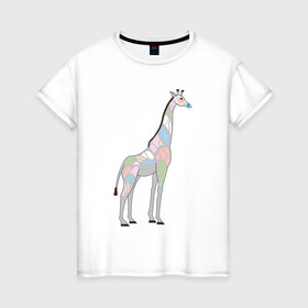 Женская футболка хлопок с принтом Волшебный жираф в Курске, 100% хлопок | прямой крой, круглый вырез горловины, длина до линии бедер, слегка спущенное плечо | автралия | африка | волшебство | животное | жираф | зверь | мило | милота | мозаика | редкое животное | сказка | цвета | чудо | экзотика