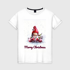 Женская футболка хлопок с принтом Рождественский гномик в Курске, 100% хлопок | прямой крой, круглый вырез горловины, длина до линии бедер, слегка спущенное плечо | гномик | детство | игрушка | новый год | праздник | рождество