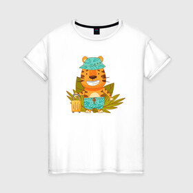 Женская футболка хлопок с принтом Тигр турист - путешественник в Курске, 100% хлопок | прямой крой, круглый вырез горловины, длина до линии бедер, слегка спущенное плечо | 2022 | год тигра | новый год | новый год 2022 | символ года | тигр | тигренок | тигрица | тигры