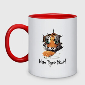 Кружка двухцветная с принтом New Tiger Year! в Курске, керамика | объем — 330 мл, диаметр — 80 мм. Цветная ручка и кайма сверху, в некоторых цветах — вся внутренняя часть | eyes | holiday | muzzle | new year | paws | tiger | глаза | лапы | мордочка | новый год | праздник | тигрёнок