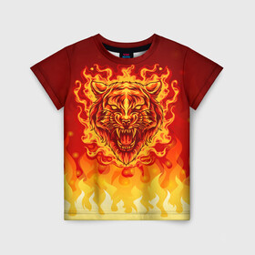 Детская футболка 3D с принтом Огненный тигр в пламени в Курске, 100% гипоаллергенный полиэфир | прямой крой, круглый вырез горловины, длина до линии бедер, чуть спущенное плечо, ткань немного тянется | огонь | пламя | символ года | тигр | хищник