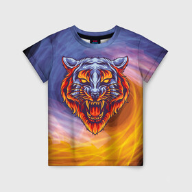 Детская футболка 3D с принтом Тигр в водно-огненной стихии в Курске, 100% гипоаллергенный полиэфир | прямой крой, круглый вырез горловины, длина до линии бедер, чуть спущенное плечо, ткань немного тянется | вода | огонь | символ года | стихия | тигр | хищник