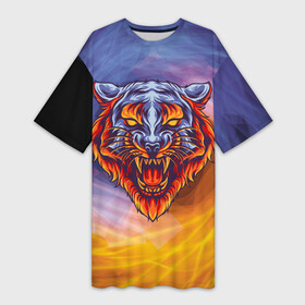 Платье-футболка 3D с принтом Тигр в водно огненной стихии в Курске,  |  | вода | огонь | символ года | стихия | тигр | хищник