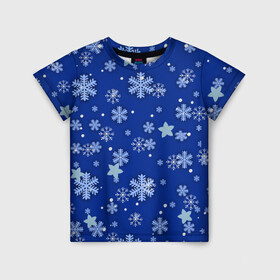 Детская футболка 3D с принтом Снежинки.. в Курске, 100% гипоаллергенный полиэфир | прямой крой, круглый вырез горловины, длина до линии бедер, чуть спущенное плечо, ткань немного тянется | 2022 | в топе | в тренде | зима | новый год | подарок | популярное | снег | снежинки