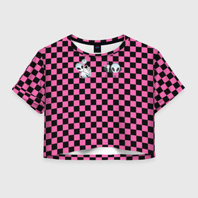Женская футболка Crop-top 3D с принтом Инопланетянин в черно розовую клетку в Курске, 100% полиэстер | круглая горловина, длина футболки до линии талии, рукава с отворотами | егор | егор шип | инопланетянин | клетка | любимый трек | розовый | черно розовая | черный | шип