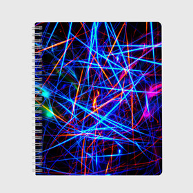 Тетрадь с принтом NEON LINES Glowing Lines Effect в Курске, 100% бумага | 48 листов, плотность листов — 60 г/м2, плотность картонной обложки — 250 г/м2. Листы скреплены сбоку удобной пружинной спиралью. Уголки страниц и обложки скругленные. Цвет линий — светло-серый
 | Тематика изображения на принте: rave neon | живые линии | неновые лучи | неон | неоновая лампа | неоновая ночь | неоновые ленты | неоновые линии разных цветов | неоновый рейв | светящиеся линии | флекс неон | эффект неона