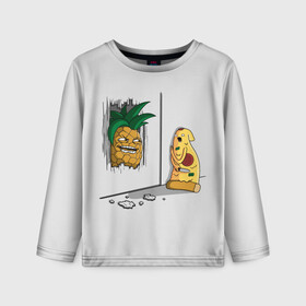 Детский лонгслив 3D с принтом HERES PINEAPPLE в Курске, 100% полиэстер | длинные рукава, круглый вырез горловины, полуприлегающий силуэт
 | here | is | johnny | mem | meme | memes | pineapple | pizza | shining | ананас | джонни | мем | мемы | пица | пицца | сияние | это