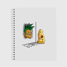 Тетрадь с принтом HERES PINEAPPLE в Курске, 100% бумага | 48 листов, плотность листов — 60 г/м2, плотность картонной обложки — 250 г/м2. Листы скреплены сбоку удобной пружинной спиралью. Уголки страниц и обложки скругленные. Цвет линий — светло-серый
 | Тематика изображения на принте: here | is | johnny | mem | meme | memes | pineapple | pizza | shining | ананас | джонни | мем | мемы | пица | пицца | сияние | это