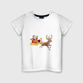 Детская футболка хлопок с принтом Рождество Санта Клаус и санки в Курске, 100% хлопок | круглый вырез горловины, полуприлегающий силуэт, длина до линии бедер | новыйгод | олени | рождество | санки | сантаклаус