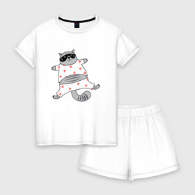 Женская пижама с шортиками хлопок с принтом кот в пижаме в Курске, 100% хлопок | футболка прямого кроя, шорты свободные с широкой мягкой резинкой | cat | love cat | котик | кото пижама | котэ | ночь | пижама | сердечки | сон