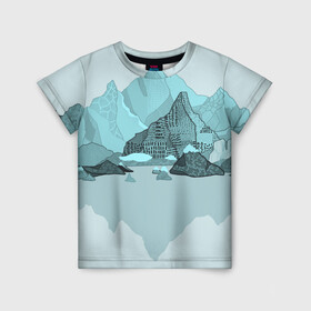 Детская футболка 3D с принтом Голубой горный пейзаж с темно-серыми тенями в Курске, 100% гипоаллергенный полиэфир | прямой крой, круглый вырез горловины, длина до линии бедер, чуть спущенное плечо, ткань немного тянется | Тематика изображения на принте: голубые горы | горный | горный массив | горный пейзаж | горы | горы в снегу | для сноуборда | для туристов | заснеженные горы | зимние горы | зимний | лыжный | снежные горы | сноуборд