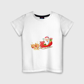 Детская футболка хлопок с принтом Санта Клаус катается на санях в Курске, 100% хлопок | круглый вырез горловины, полуприлегающий силуэт, длина до линии бедер | новый год | олени | праздник | рождество | сантаклаус