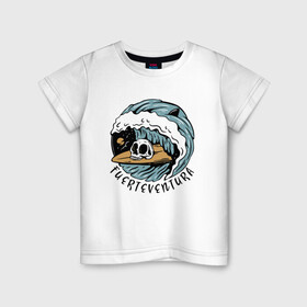Детская футболка хлопок с принтом Fuerteventura   surfing в Курске, 100% хлопок | круглый вырез горловины, полуприлегающий силуэт, длина до линии бедер | Тематика изображения на принте: fin | furteventura | hype | shark | skull | summer | surfing | wave | акула | волна | лето | плавник | сёрфинг | фуэртевентура | хайп | череп