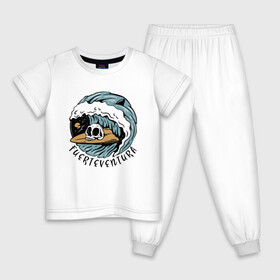 Детская пижама хлопок с принтом Fuerteventura - surfing в Курске, 100% хлопок |  брюки и футболка прямого кроя, без карманов, на брюках мягкая резинка на поясе и по низу штанин
 | Тематика изображения на принте: fin | furteventura | hype | shark | skull | summer | surfing | wave | акула | волна | лето | плавник | сёрфинг | фуэртевентура | хайп | череп